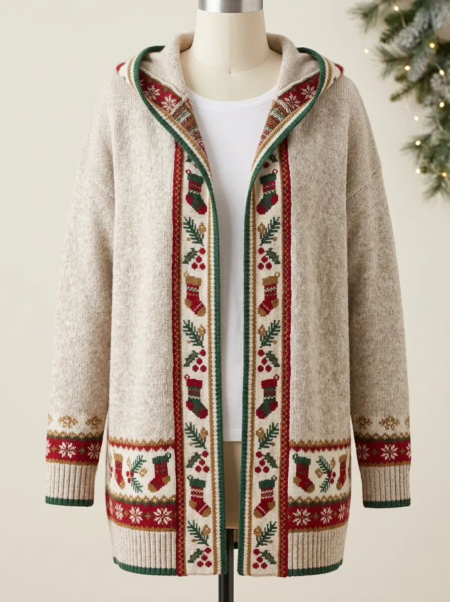 Christmas Stocking Holly Pattern Print Hooded Cardigan