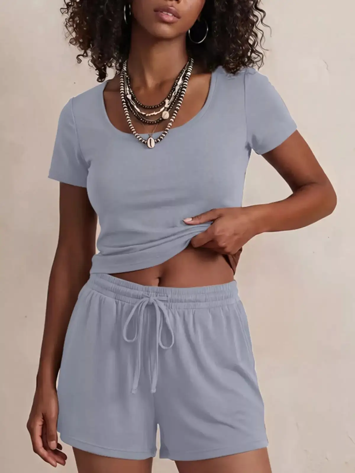 Drawstring Pocketed Tee and Shorts Matching Set