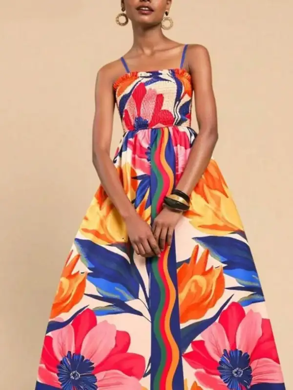 Smocked Spaghetti-Strap Printed Maxi Dress