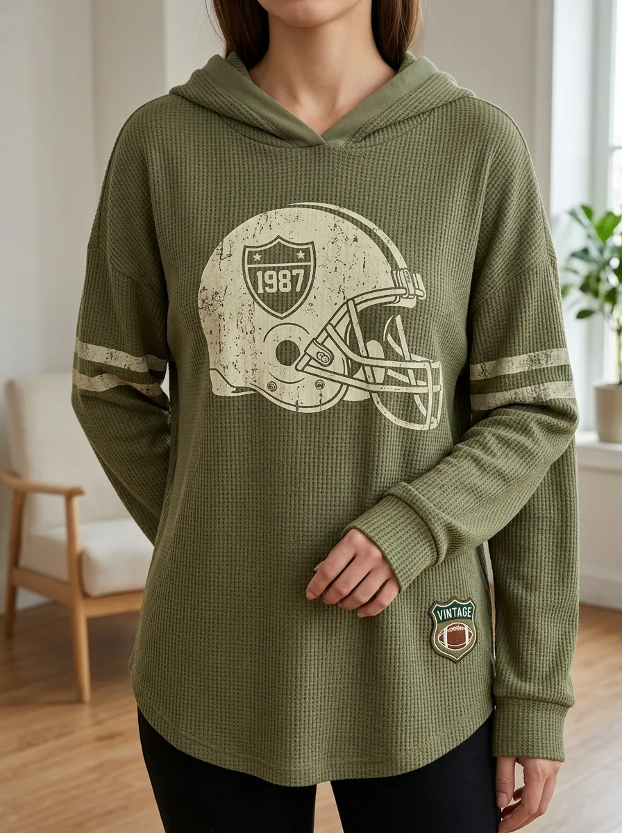 Women's Football Fan 1987 Helmet Graphic Printed Waffle Hoodie