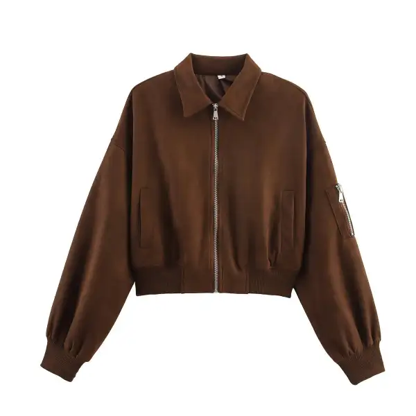 Cropped Velvet Touch Zip Front Ribbed Trim Bomber Jacket