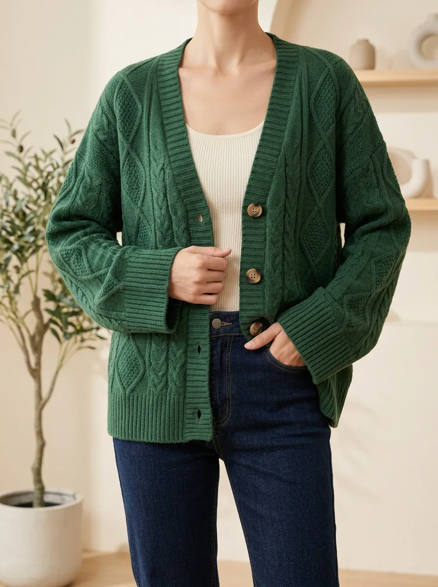 Women's Core Cable Knit Button Front V Neck Cardigan