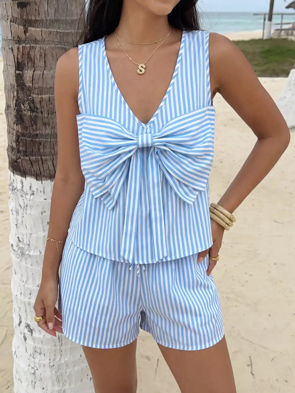 Striped Bowknot Sleeveless Top Shorts Set