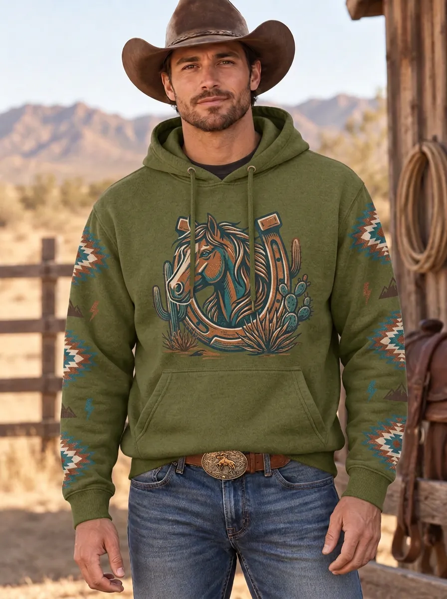 Men's Heritage Inspired Western Cowboy Horseshoe Horse Cactus Graphic Hoodie