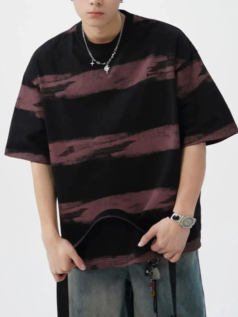 Textured Striped Crew Neck Tee