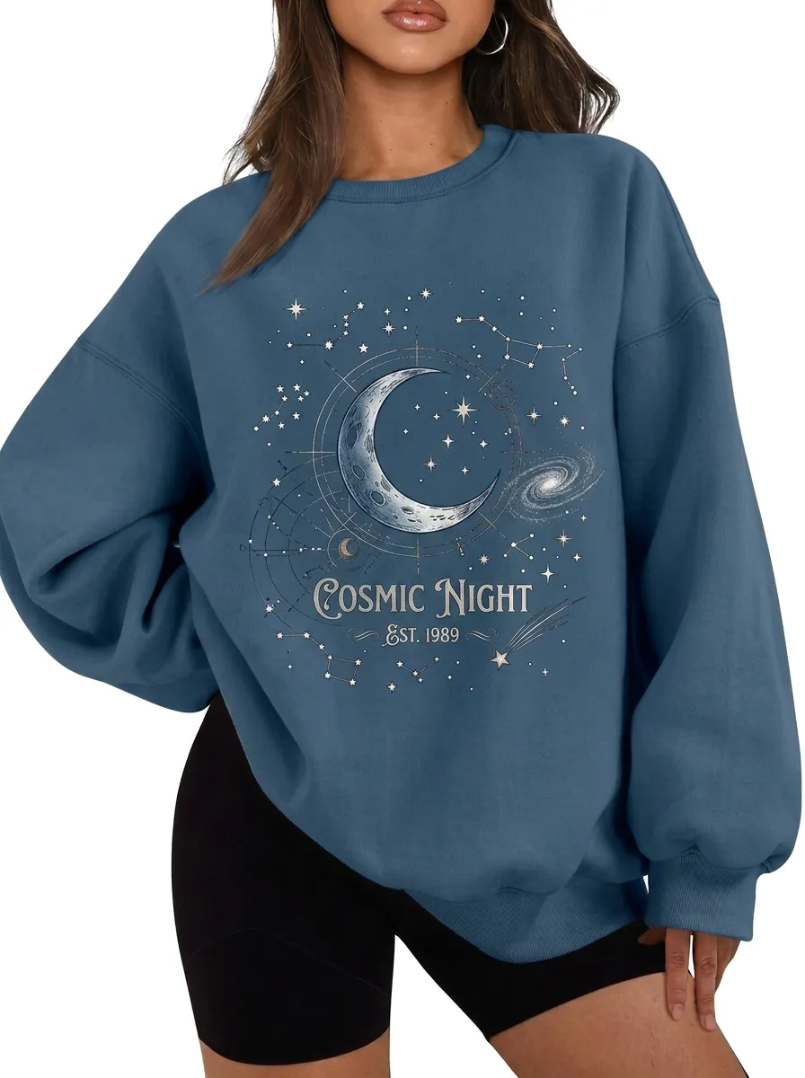 Women's Celestial Lover Cosmic Night Moon Stars Printed T-shirt