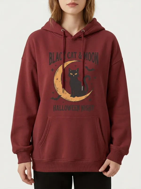 Women's Halloween Black Cat Moon Bat Printed Hoodie