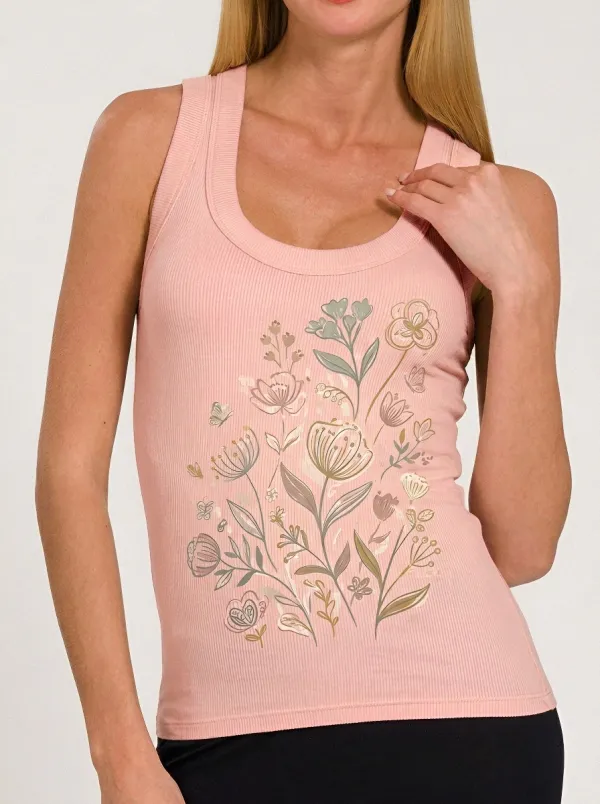 Women's Botanical Nature Lover Wildflower Printed Ribbed Tank Top