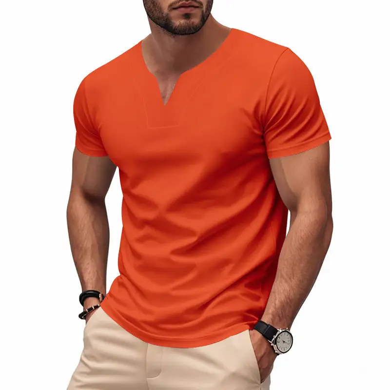 Men's Slim-Fit Short-Sleeve Shirt With Embedded V-notch And Decorative Stitching