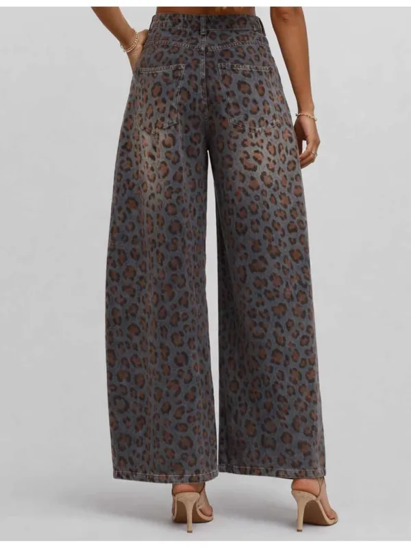 Jacquard Button Waist Barrel Leg Denim Pants