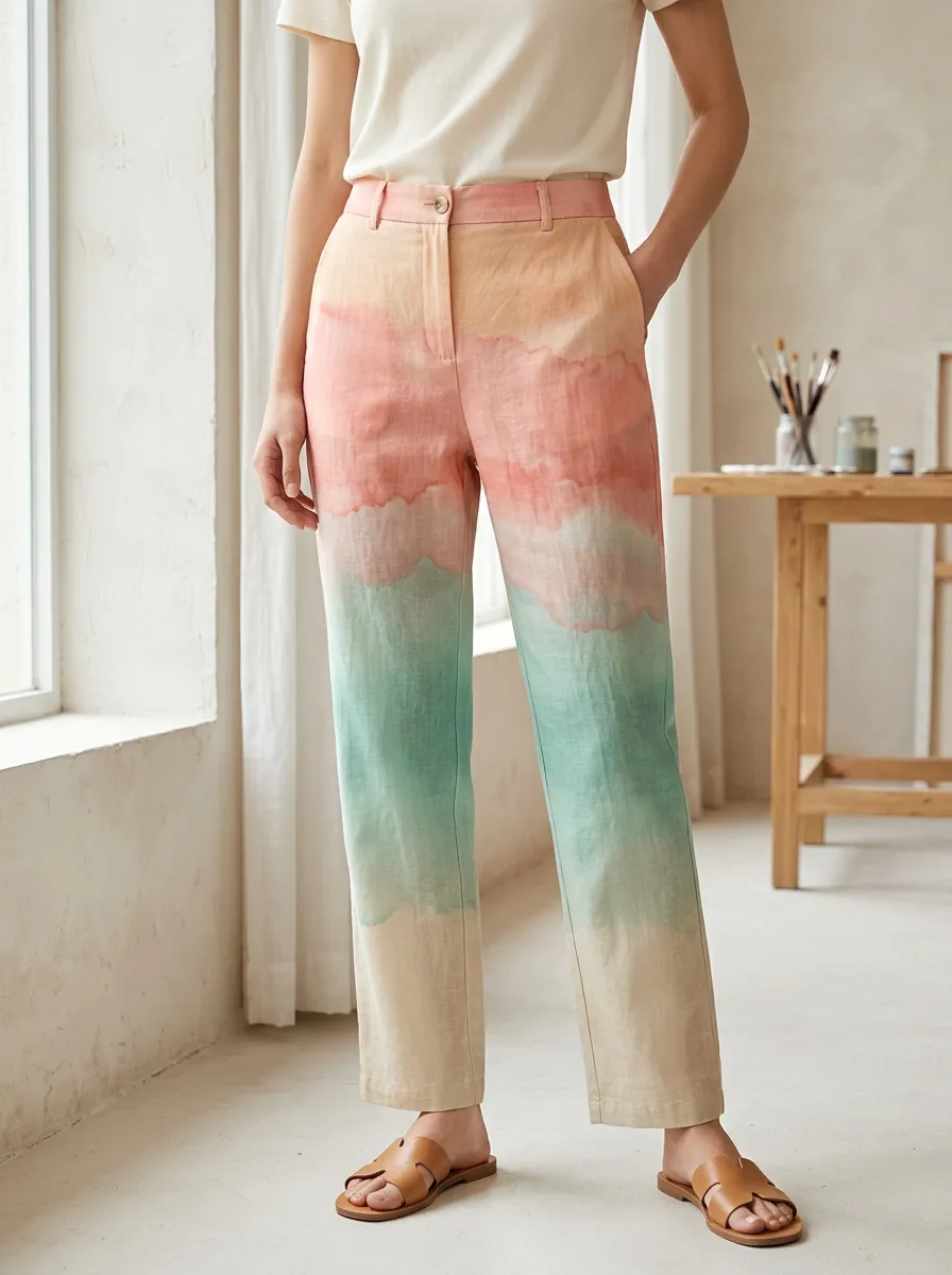 Women's Pastel Watercolor Gradient Printed Trousers