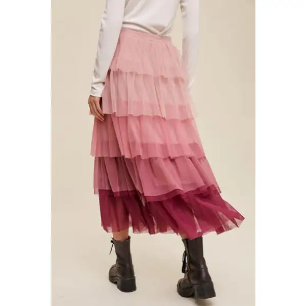 Elastic Waist Layered Tulle Midi Skirt