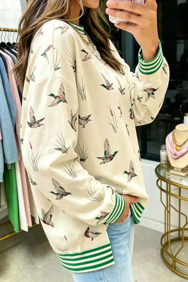 Ribbed Striped Printed Sweatshirt