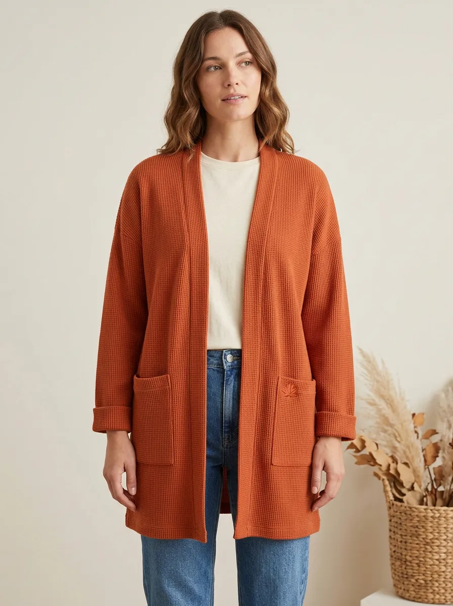 Maple-Leaf Embroidered Waffle-Knit Knit Cardigan