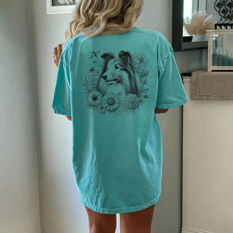 Floral Shetland Sheepdog Dog Sheltie Flower For Women Women's Oversized Comfort T-Shirt Back Print
