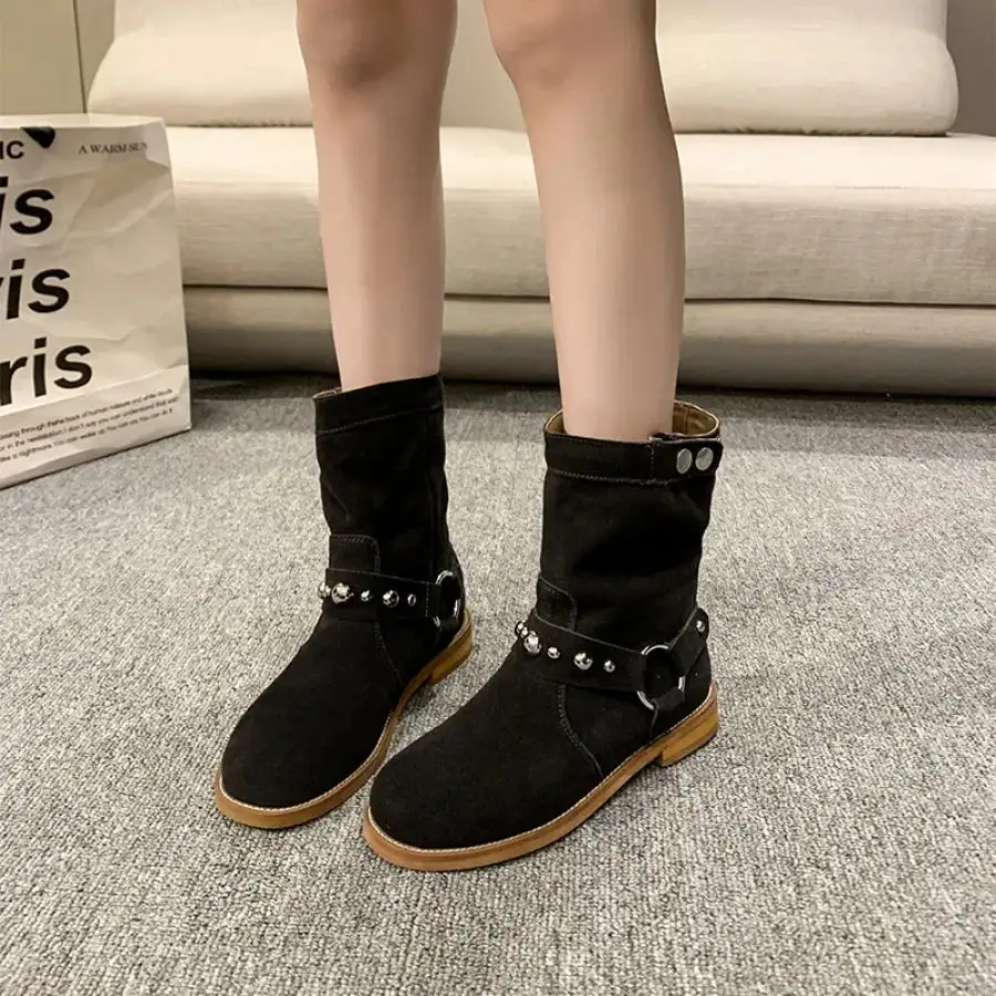 Studded Suede Mid Calf Harness Boots