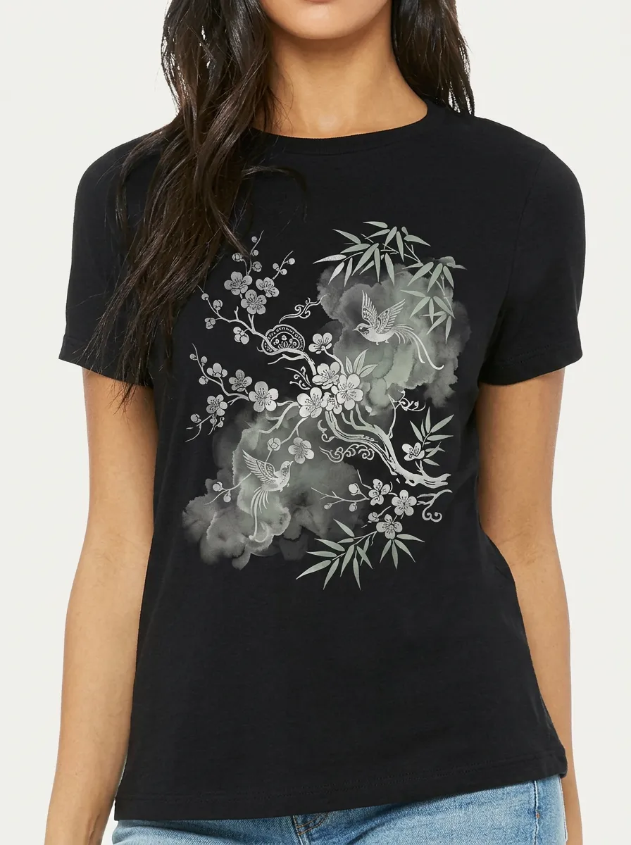Women's Asian Art Bird Cherry Blossom Bamboo Printed T-shirt