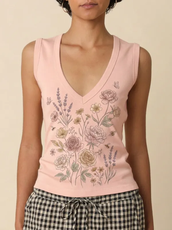 Women's Botanical Garden Floral Butterfly Printed V-neck Tank Top