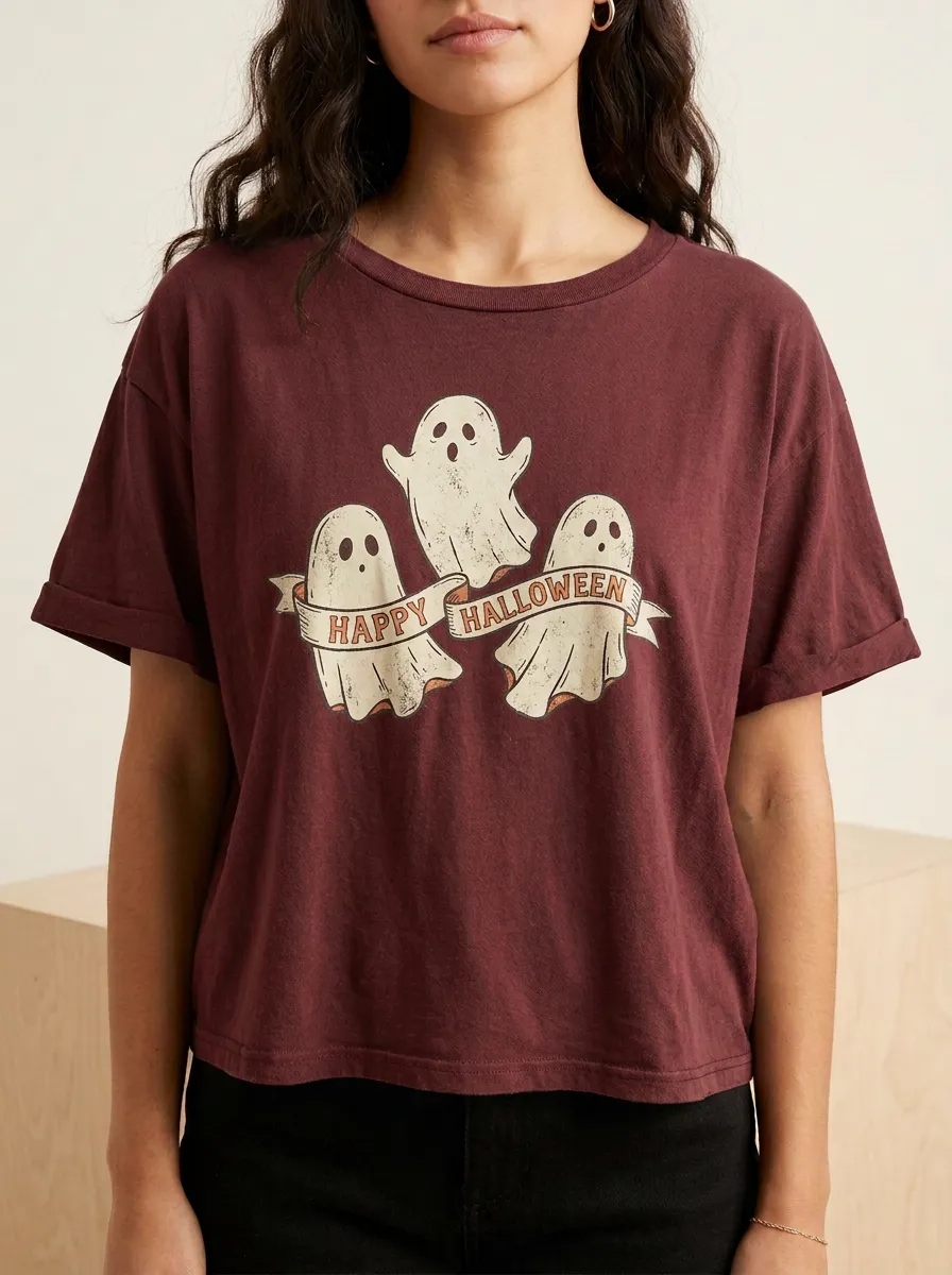 Women's Halloween Ghost Trio Happy Halloween Printed T-shirt