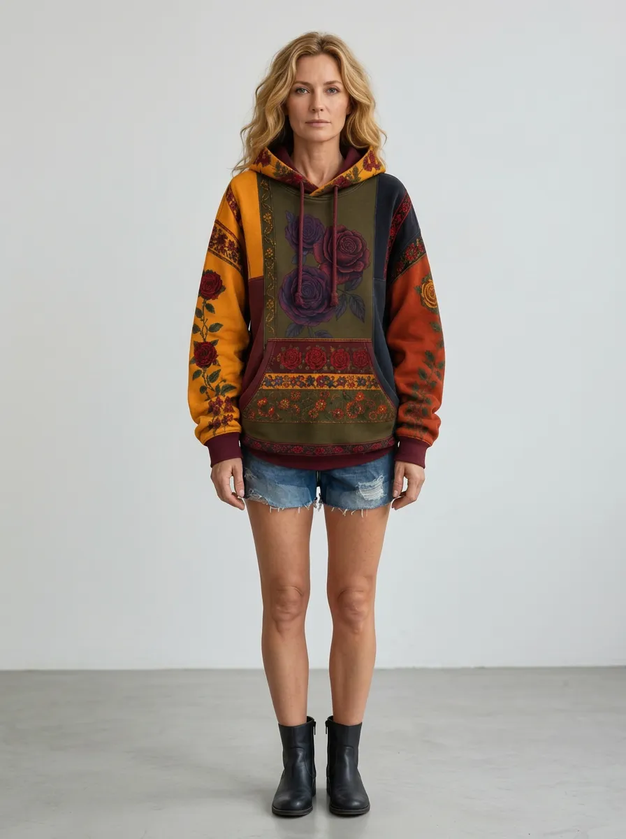 Women's Western Boho Rose Floral Patchwork Printed Hoodie