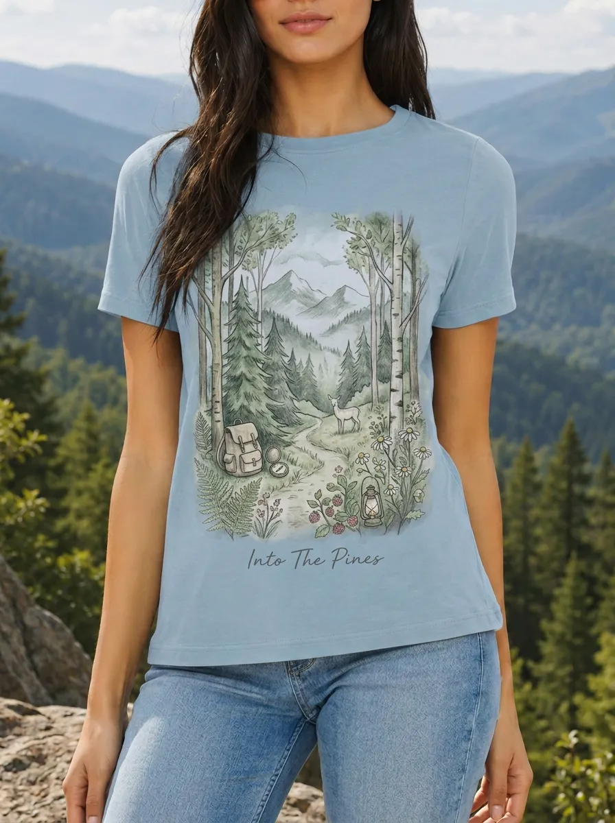 Women's Nature Hiking Deer Forest Mountain Printed T-shirt