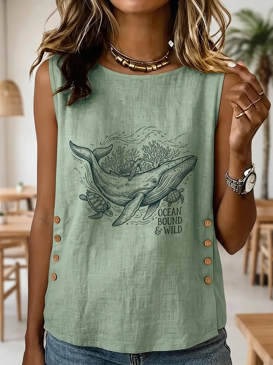 Women's Ocean Lover Whale Turtle Printed Sleeveless Top