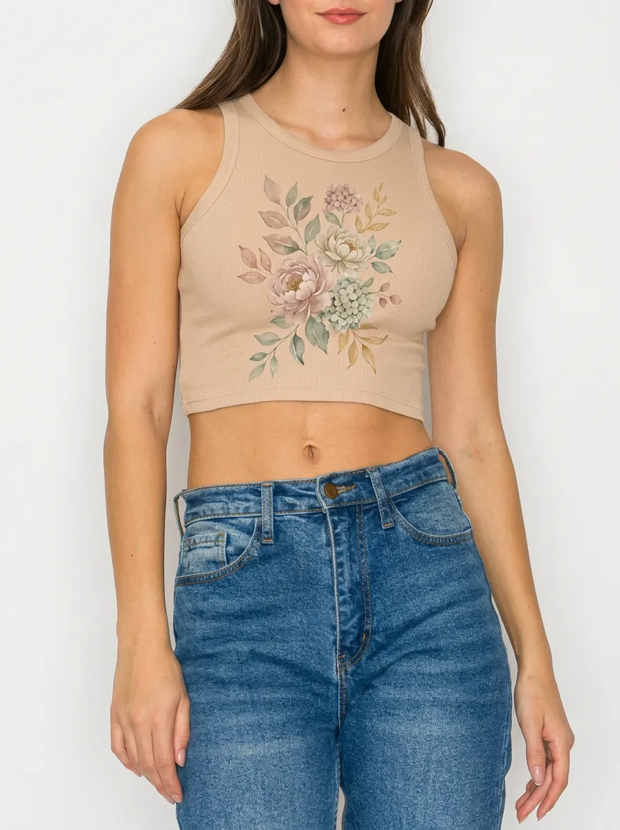 Women's Floral Lover Watercolor Peony Printed Crop Tank Top