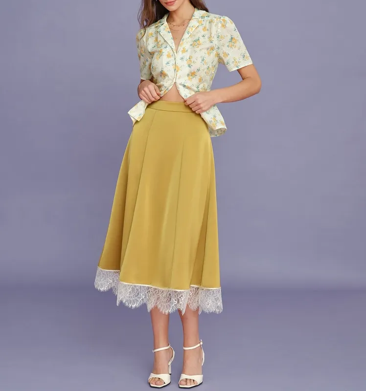Yellow Lace Satin Midi Skirt