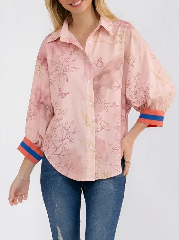 Women's Botanical Butterfly Watercolor Printed Button-up Shirt