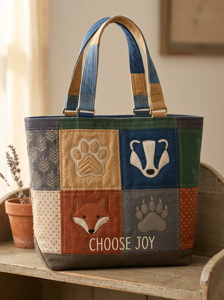 Woodland Animal Patchwork Fox Badger Printed Tote Bag