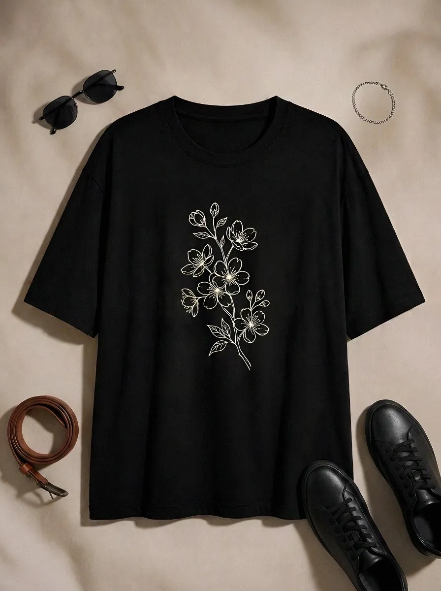 Unisex Nature Lover Cherry Blossom Line Art Printed T-shirt