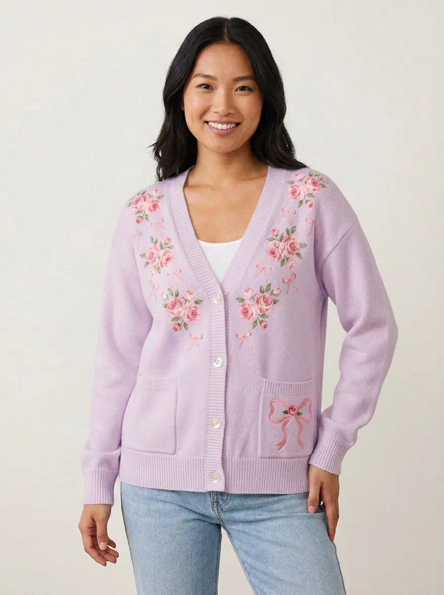 Women's Breast Cancer Awareness Pink Rose Bow Printed Cardigan