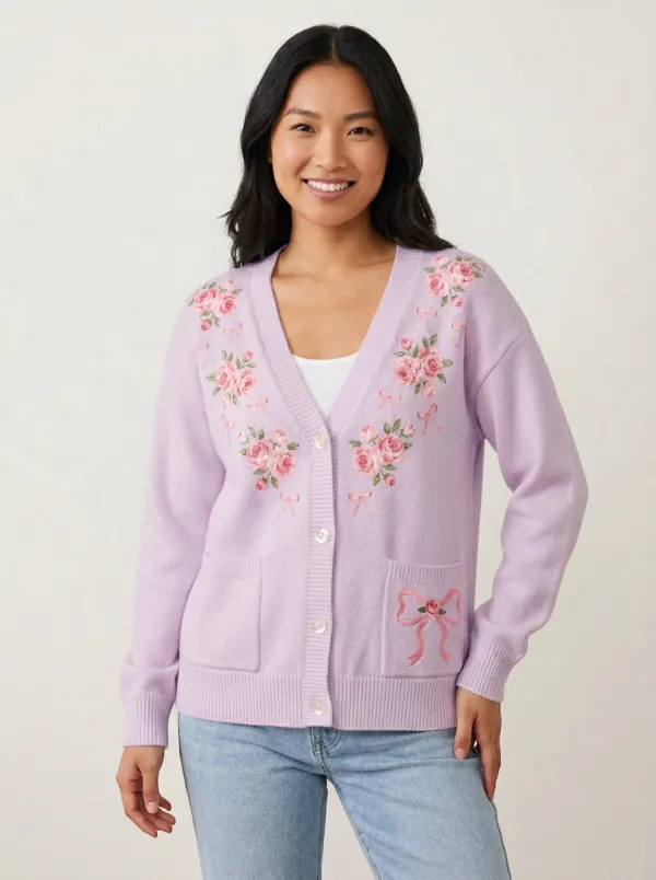 Women's Breast Cancer Awareness Pink Rose Bow Printed Cardigan