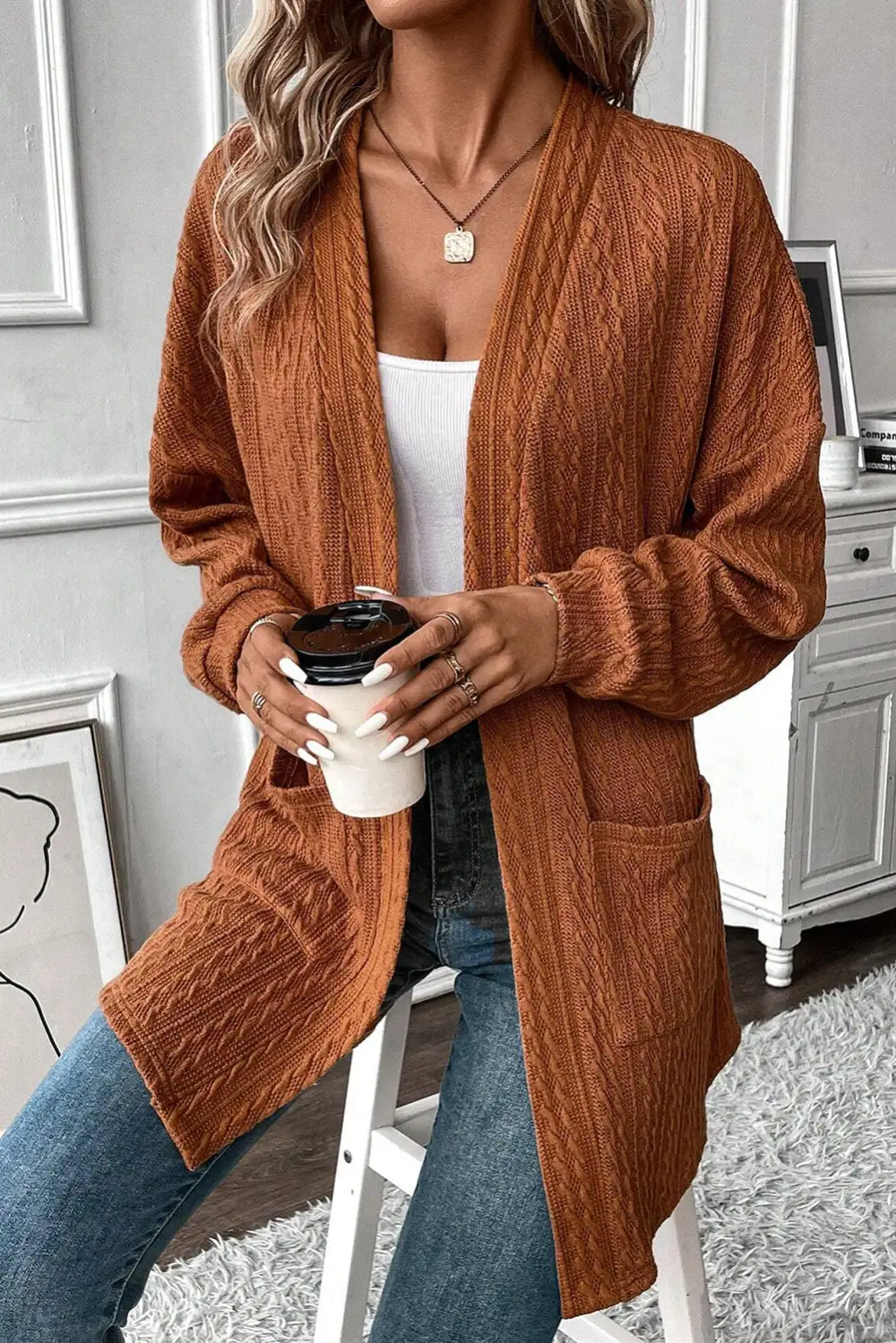 Textured Pocketed Open Front Cardigan