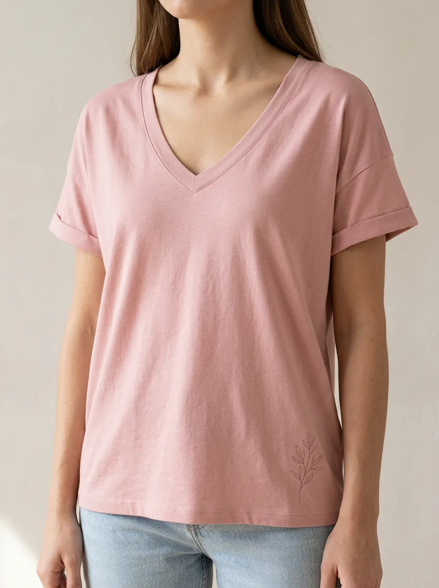 Women's Minimalist Botanical Leaf Printed V-neck T-shirt