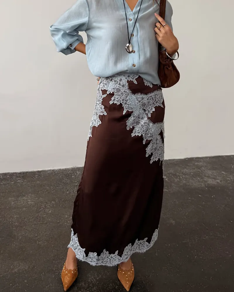 Satin Lace Midi Skirt
