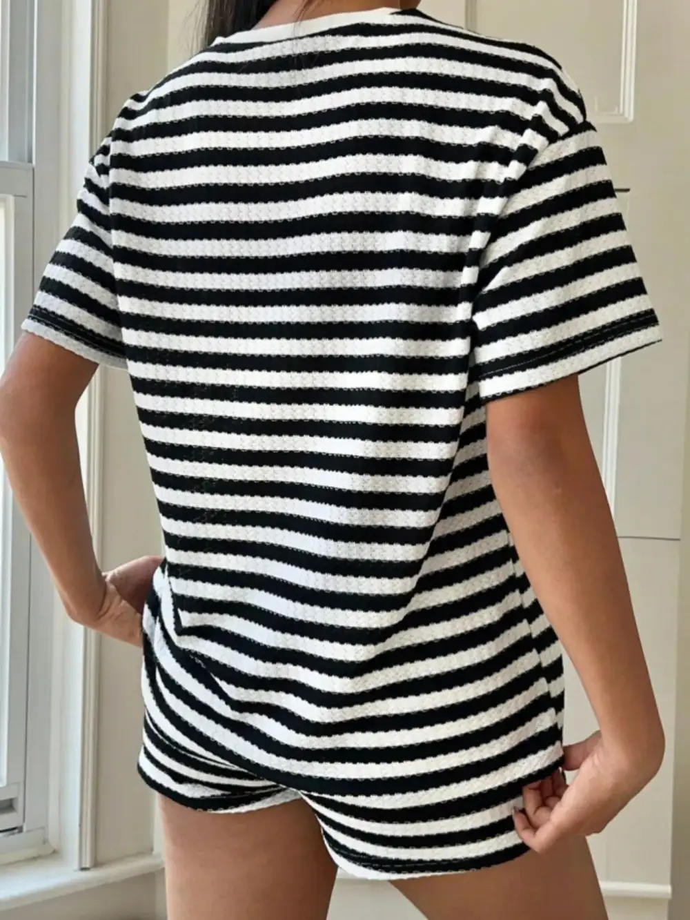 Relaxed Striped Round Neck Top Shorts Set