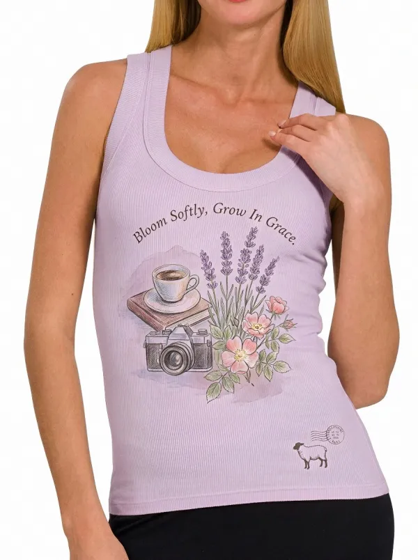 Women's Aesthetic Coffee Camera Lavender Printed Tank Top