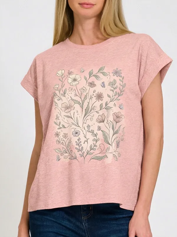 Women's Botanical Nature Lover Floral Butterfly Printed T-shirt