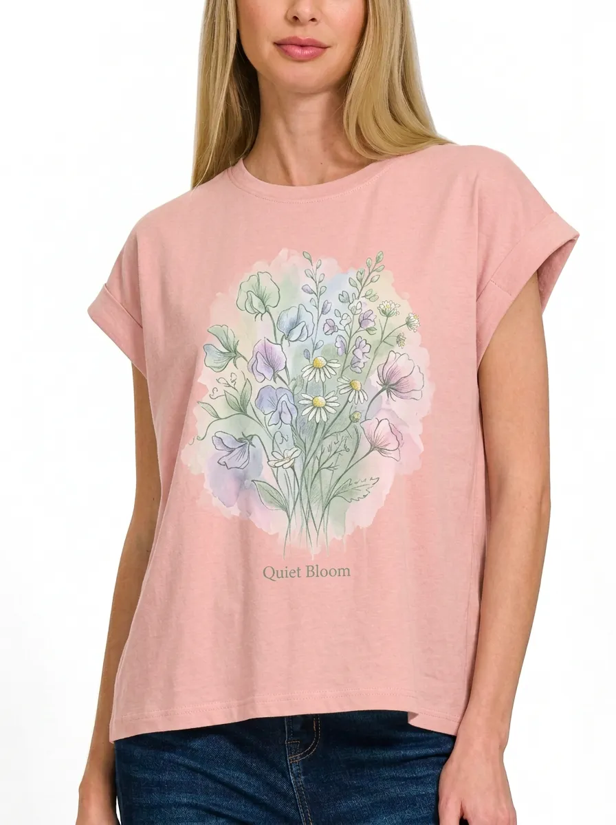 Women's Quiet Bloom Wildflower Bouquet Watercolor Printed T-shirt