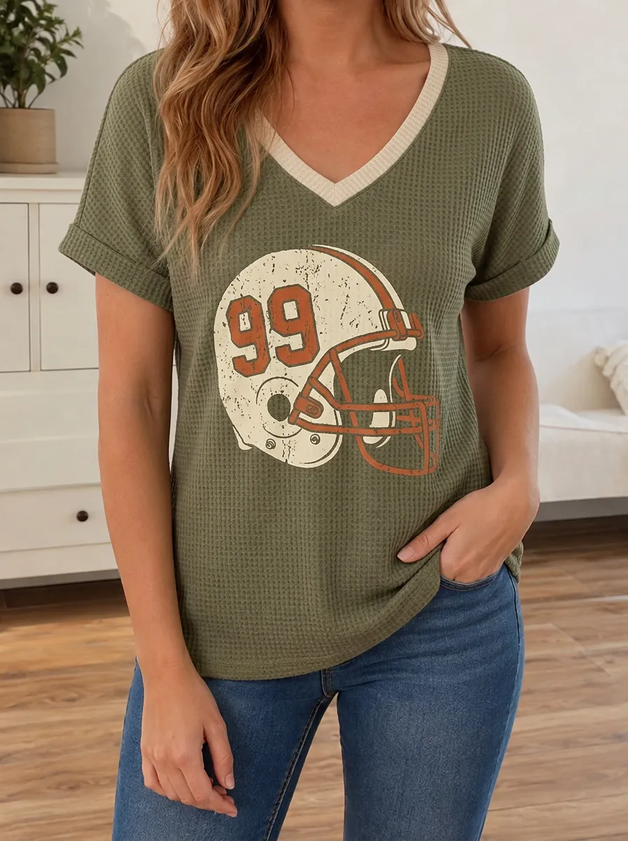Women's Football Fan 99 Helmet Distressed Printed Waffle Top