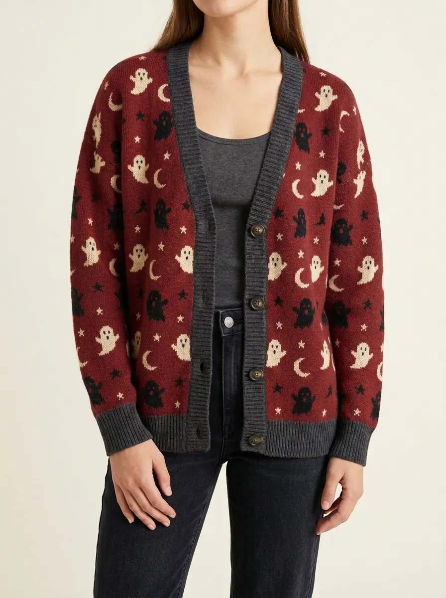 Women's Halloween Ghost Moon Star Pattern Knitted Cardigan
