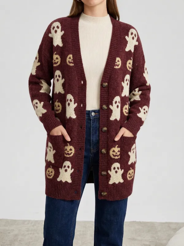 Women's Halloween Ghost Pumpkin Pattern Knitted Cardigan
