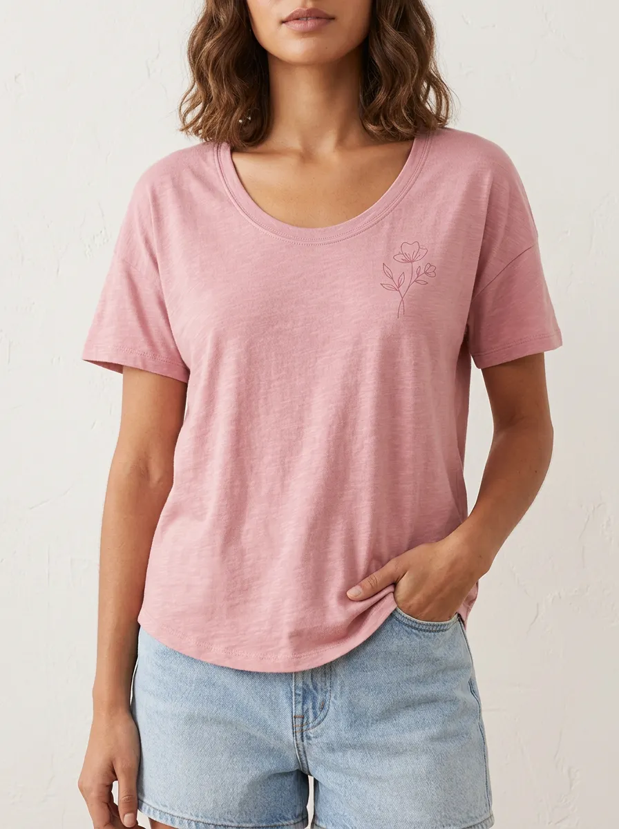 Women's Minimalist Floral Line Art Printed Pink T-shirt