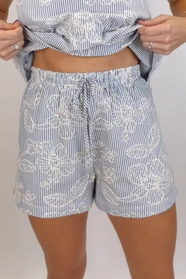 Striped Elastic Waist Embroidered Shorts