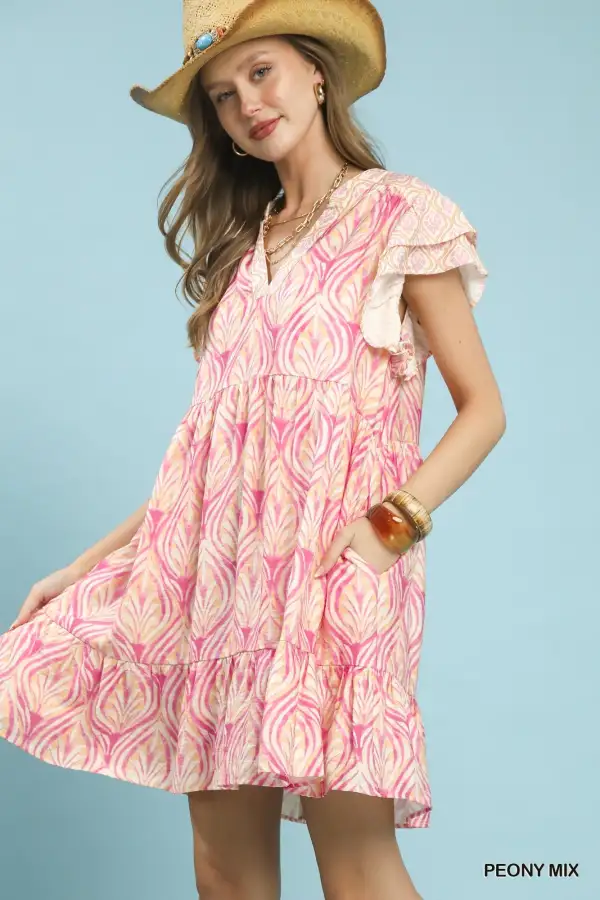 Tiered Flutter-Sleeve Printed Casual Dress