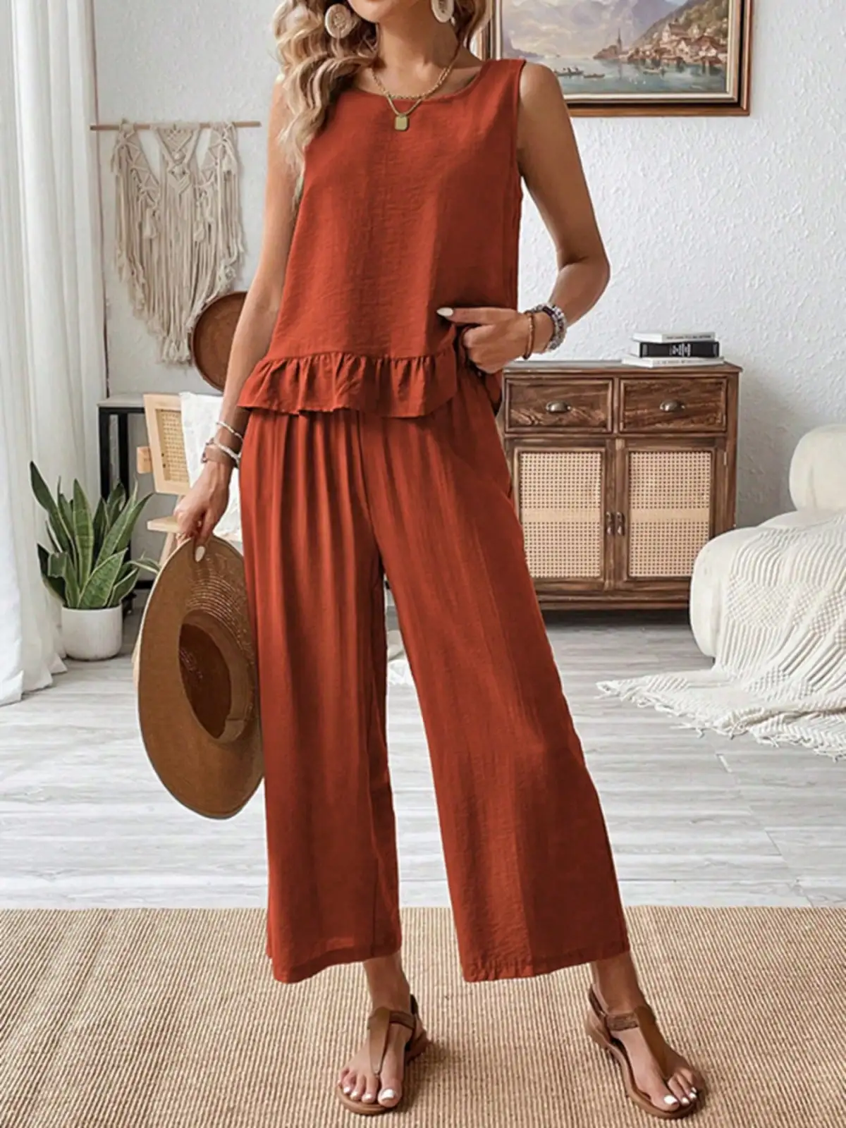 Ruffled Wide-Leg Two-Piece Set