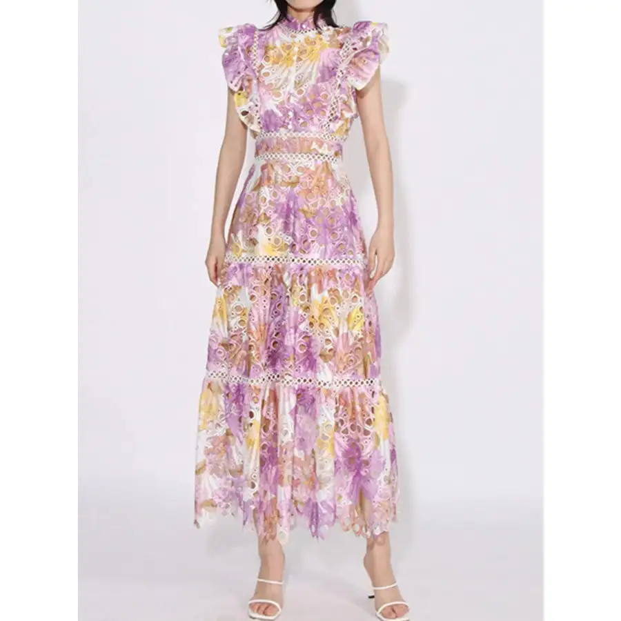 Ruffled Hollow Out Tiered Midi Dress