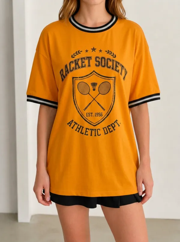Women's Badminton Lover Racket Society Shield Printed T-shirt