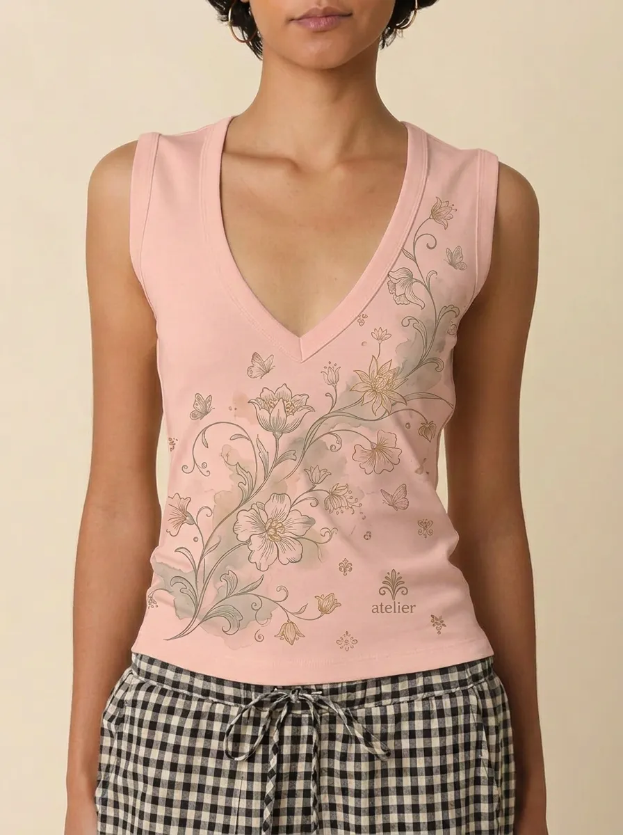 Women's Floral Butterfly Botanical Printed V-neck Tank Top